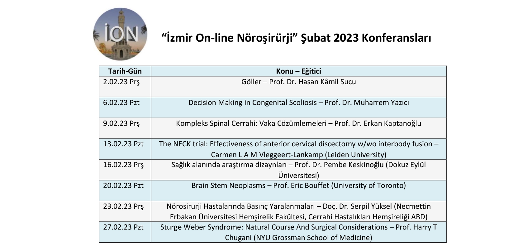 “İzmir On-line Nöroşirürji” Şubat 2023  Konferansları